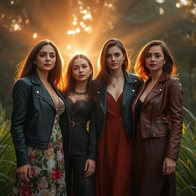 4 women in simple dresses with Leather Jacket