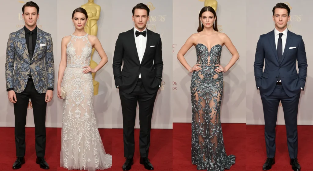 3 man and 2 women sowing their Oscar outfit