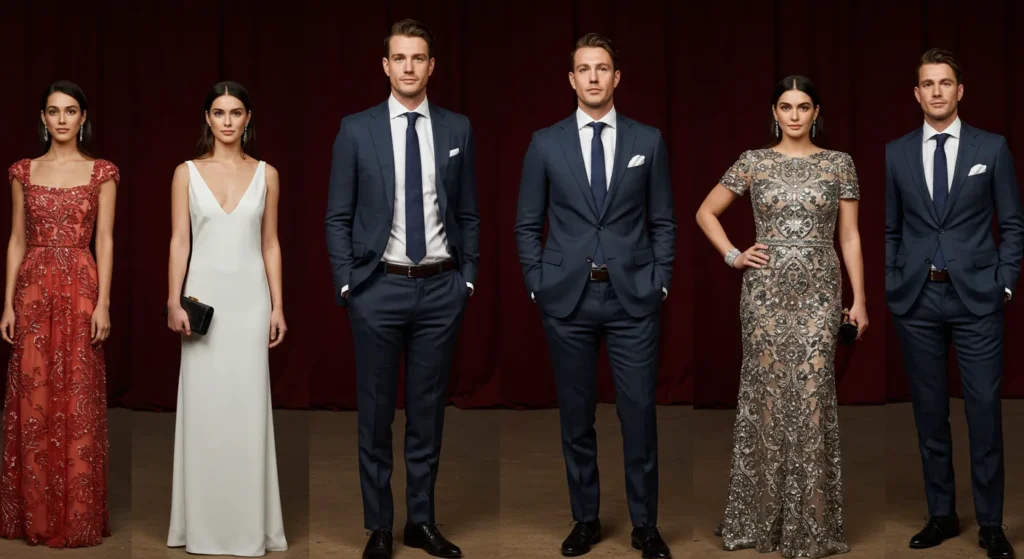 3 men and 3 woman showing their Oscar outfits