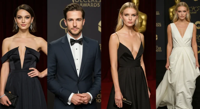 1 mal and 3 female showing their Oscar fashion outfits