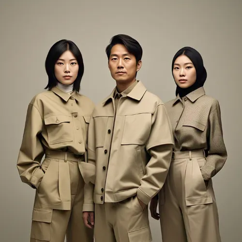 2 women and a men showing their Khaki Trousers and dresses