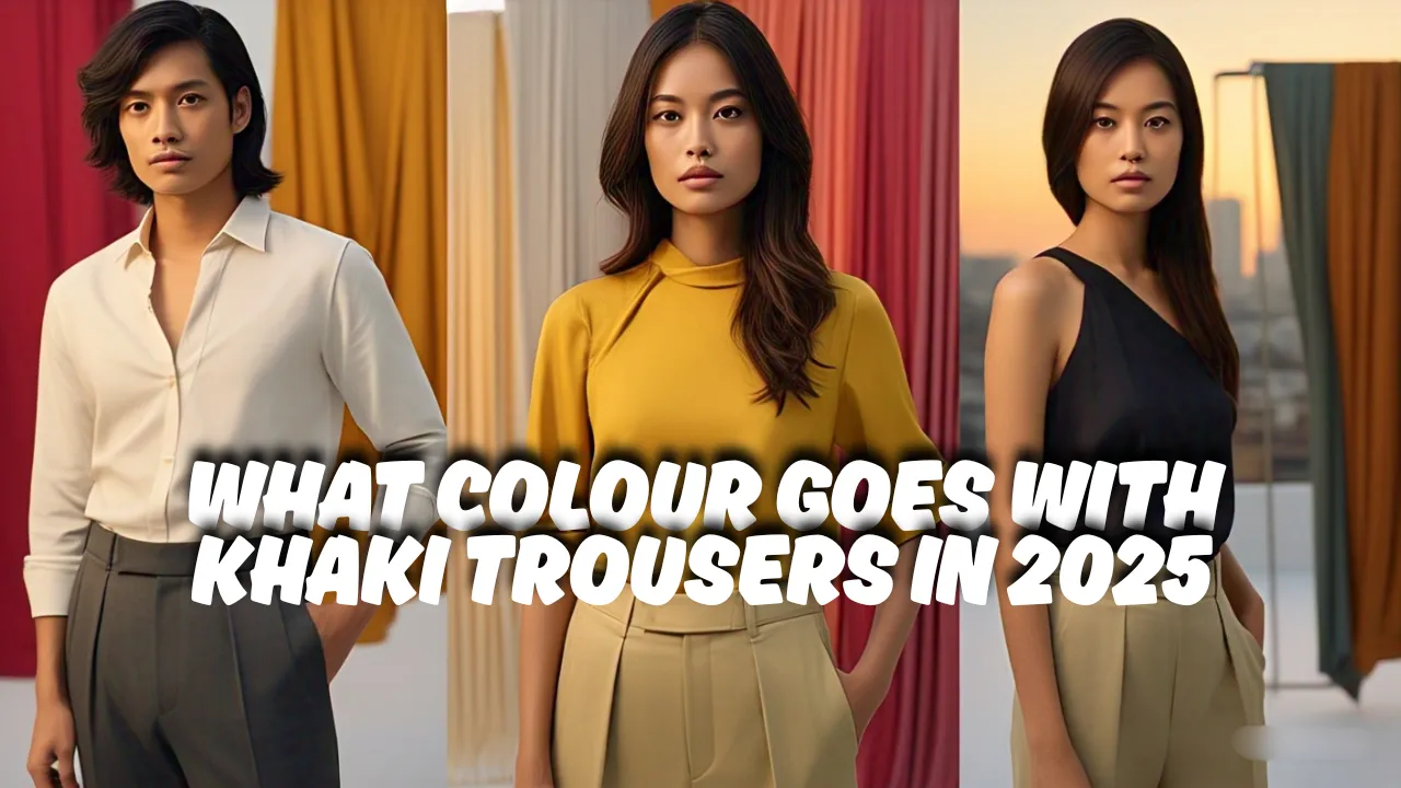 2 women and a mwn showing their dresses with Khaki Trousers